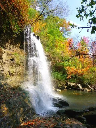 Rock Glen waterfall surrounded by fall colour