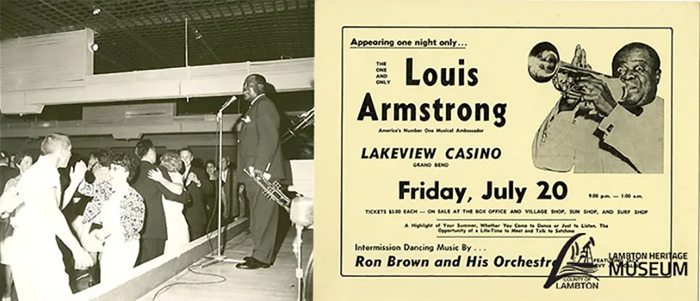 A dance floor crowd at the Lakeview Casino beside a period poster advertising Louis Armstrong, America's Number One Musical Ambassador, playing the Lakeview Casino in Grand Bend on Friday, July 20