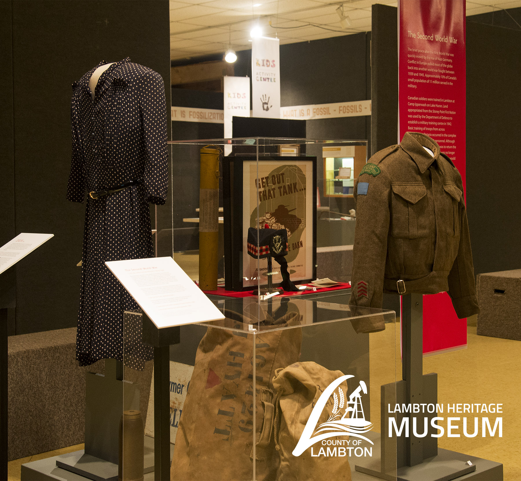A Second World War exhibit at the Lambton Heritage Museum, with a uniform, dress and wartime memorabilia on display