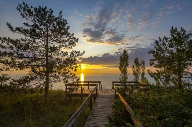A boardwalk through pines down to Lake Huron at sunset, Pinery Provincial Park