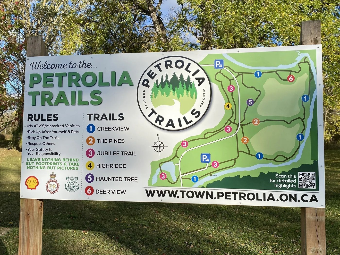 The Petrolia Trails trailhead sign at Bridgeview Park, showing the trail map