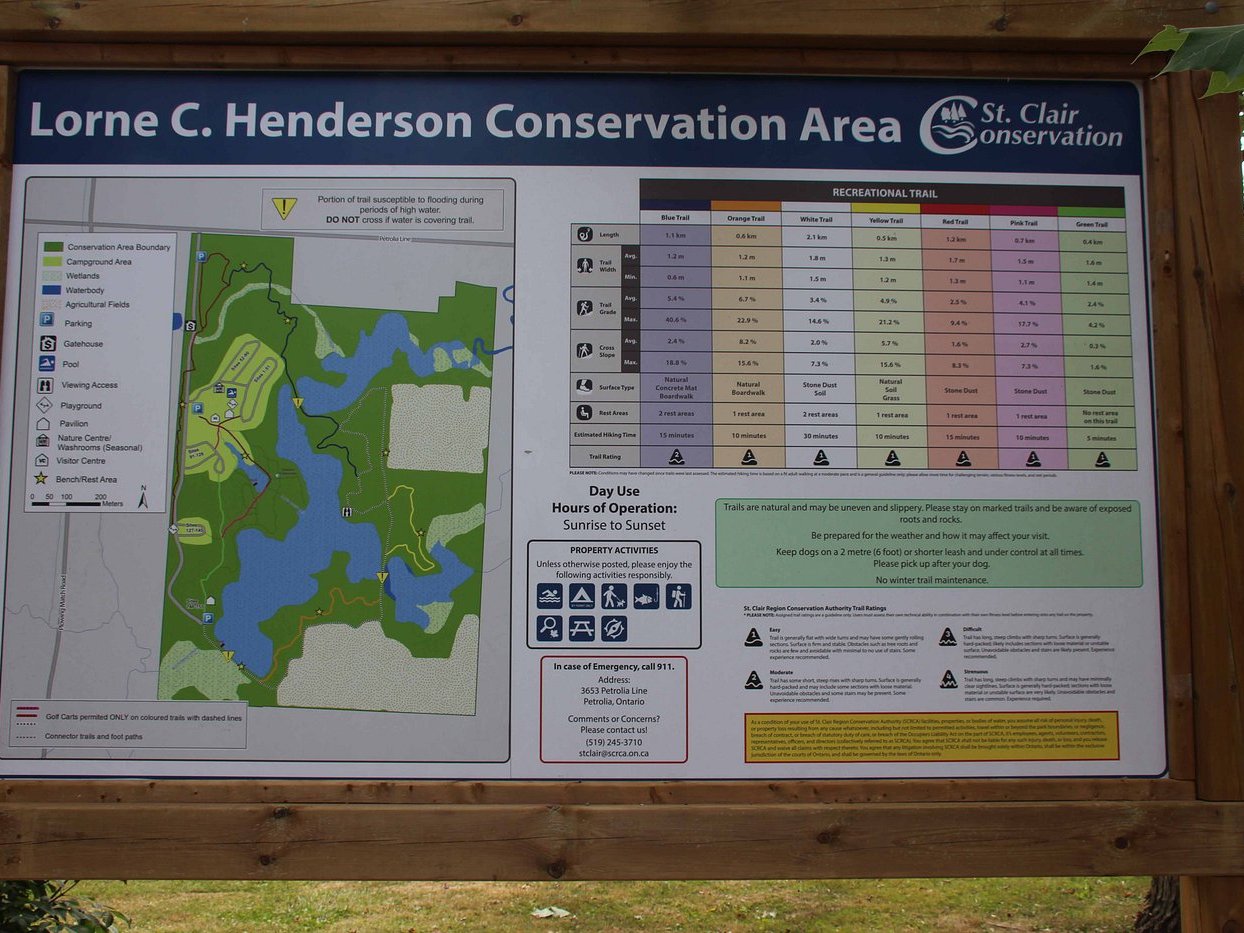 The entrance sign and trail map for Lorne C. Henderson Conservation Area