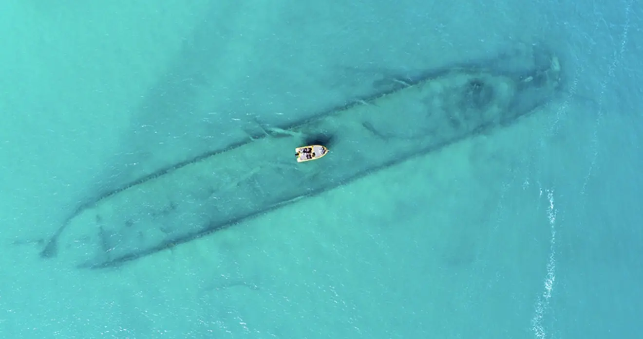 Aerial photograph showing the outline of the submerged Gladstone shipwreck near Canatara Beach