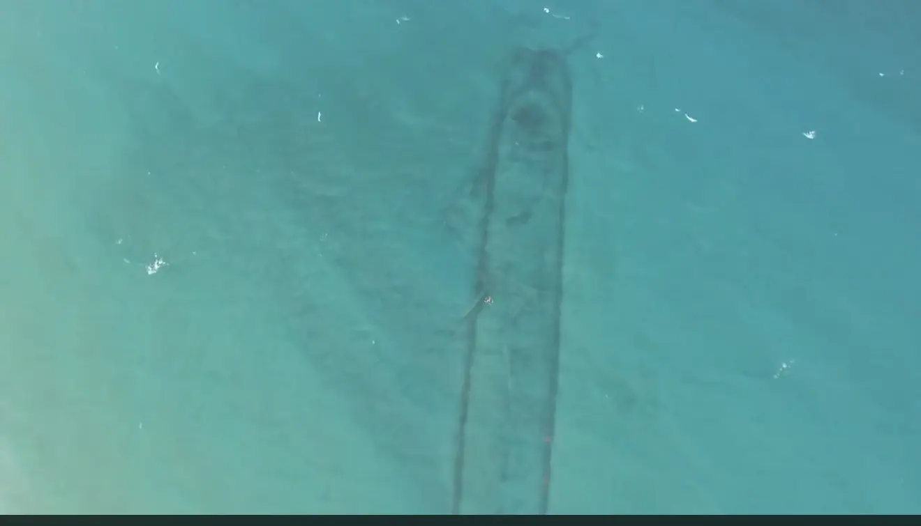 Overhead view of the submerged Gladstone shipwreck visible through Lake Huron