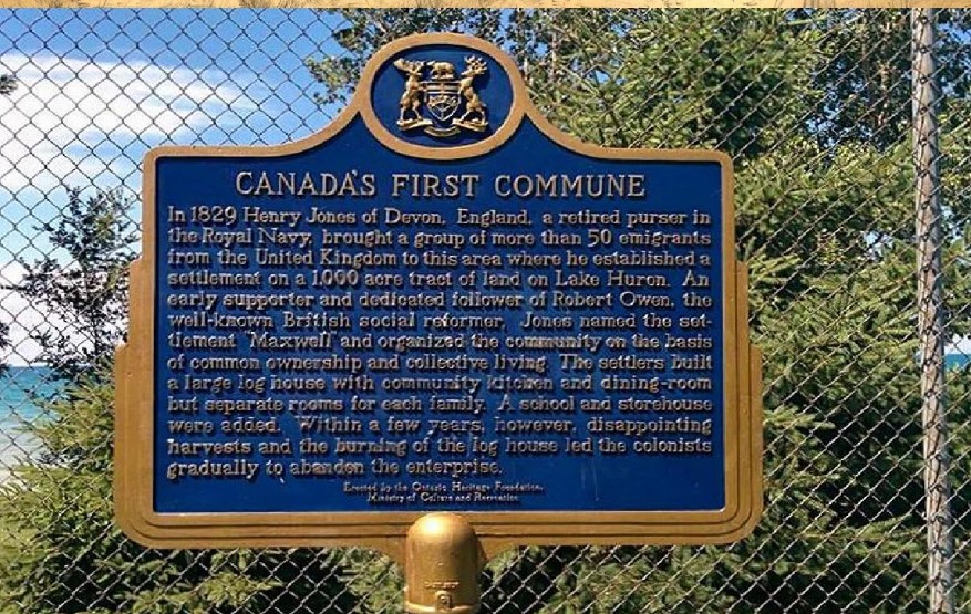 Ontario historical marker for Canada's First Commune near Lake Huron in Bright’s Grove
