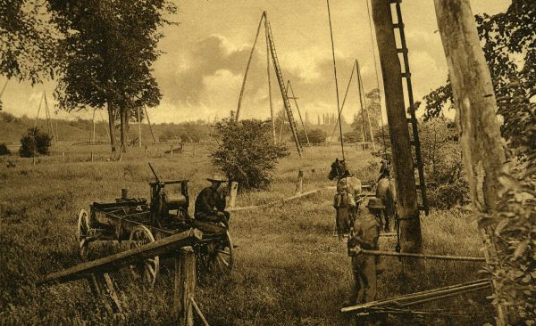 A sepia postcard of the Petrolia oil field: wooden derricks over the fields, a horse team, and men working a jerker line