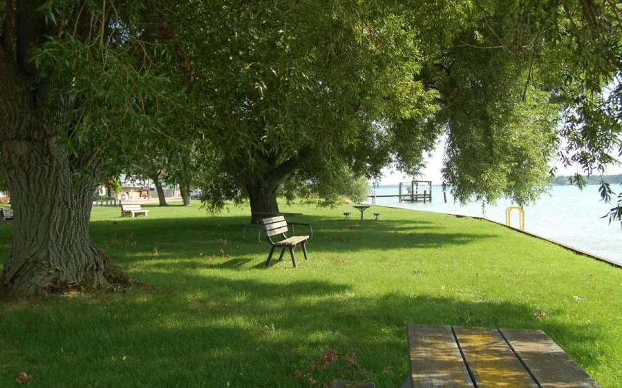 A shaded riverside park with benches and a dock on the St. Clair River