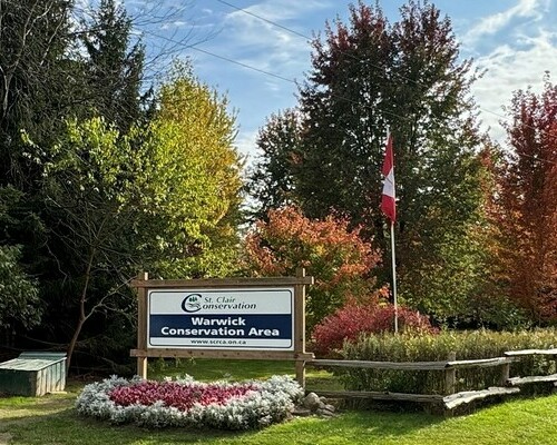 Warwick Conservation Area entrance sign surrounded by flowers and autumn trees