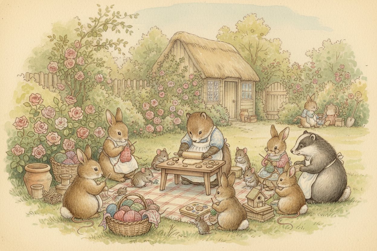 Watercolour illustration of woodland animals baking, knitting and building together in a cottage garden