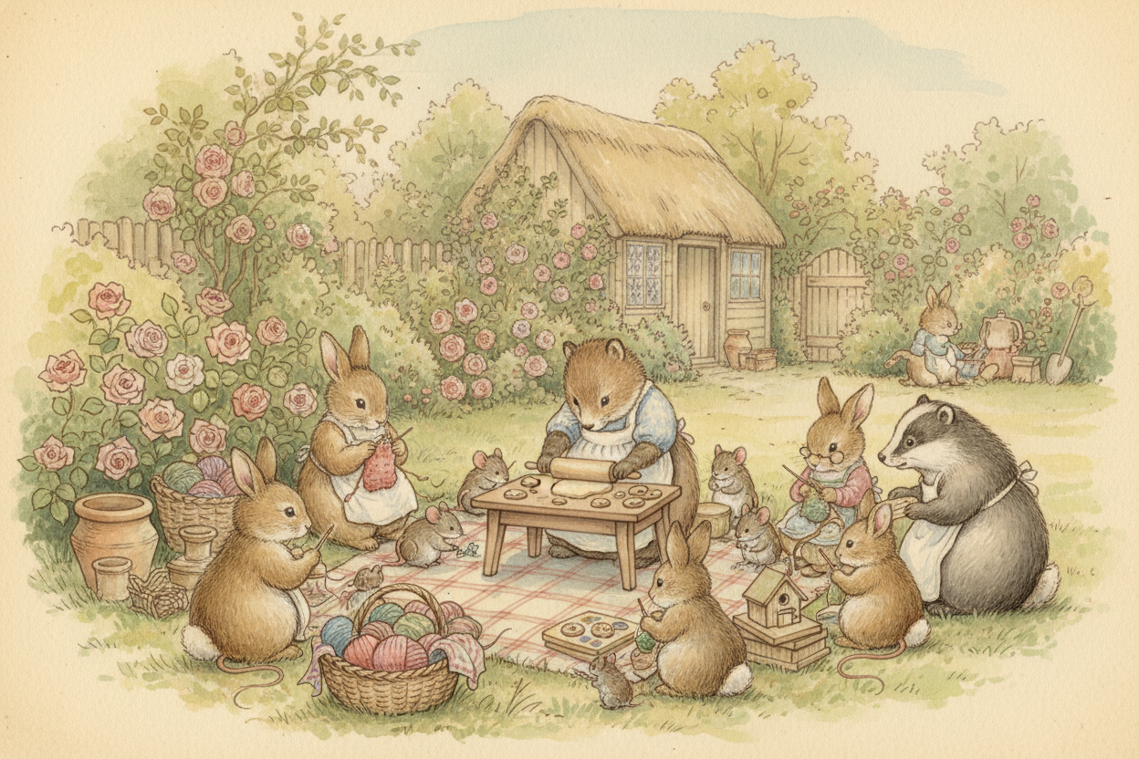 Illustrated woodland family gathered around a table for a creative activity