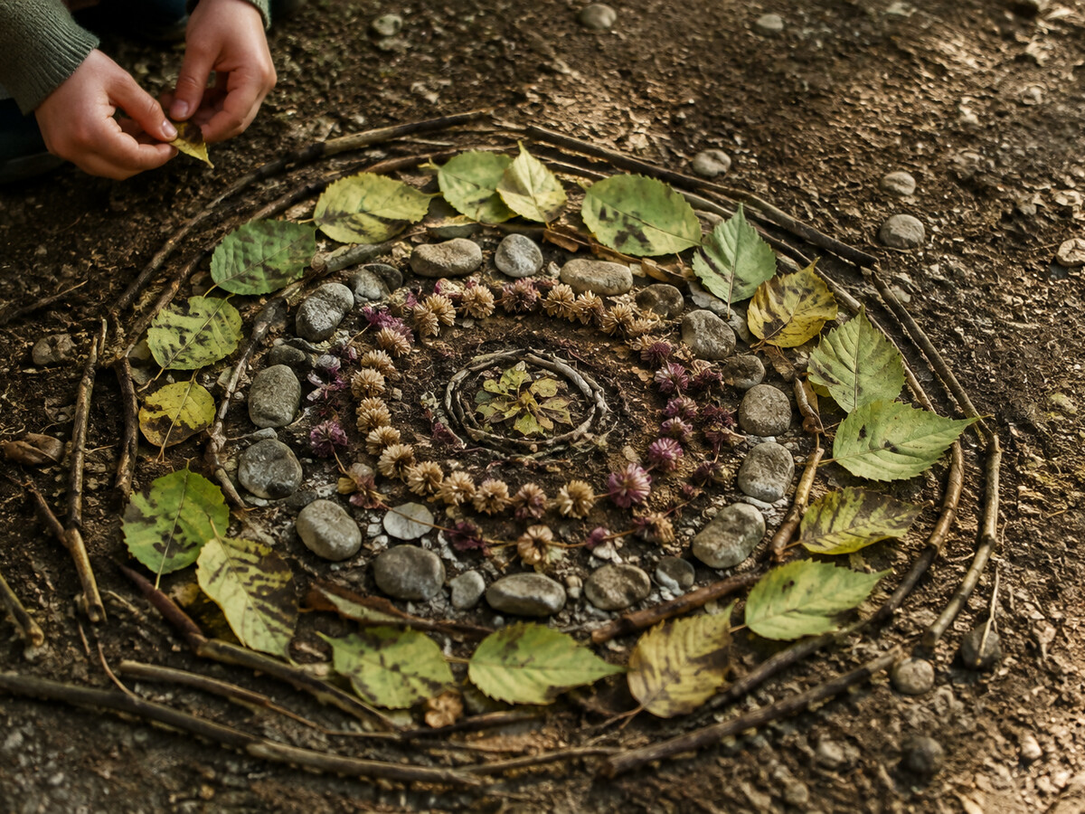 Land art picture made with leaves, sticks, and stones