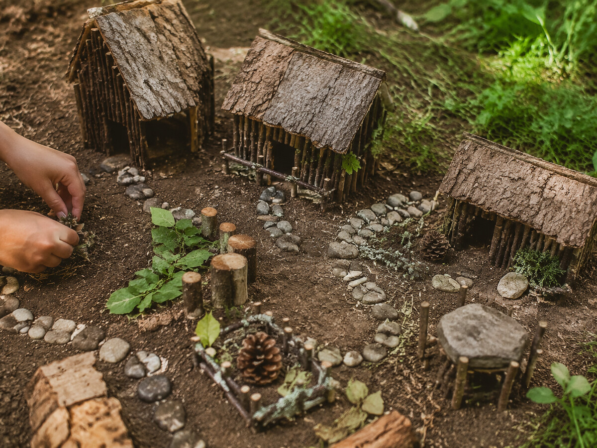 Tiny nature village built with sticks, bark, stones, and leaves
