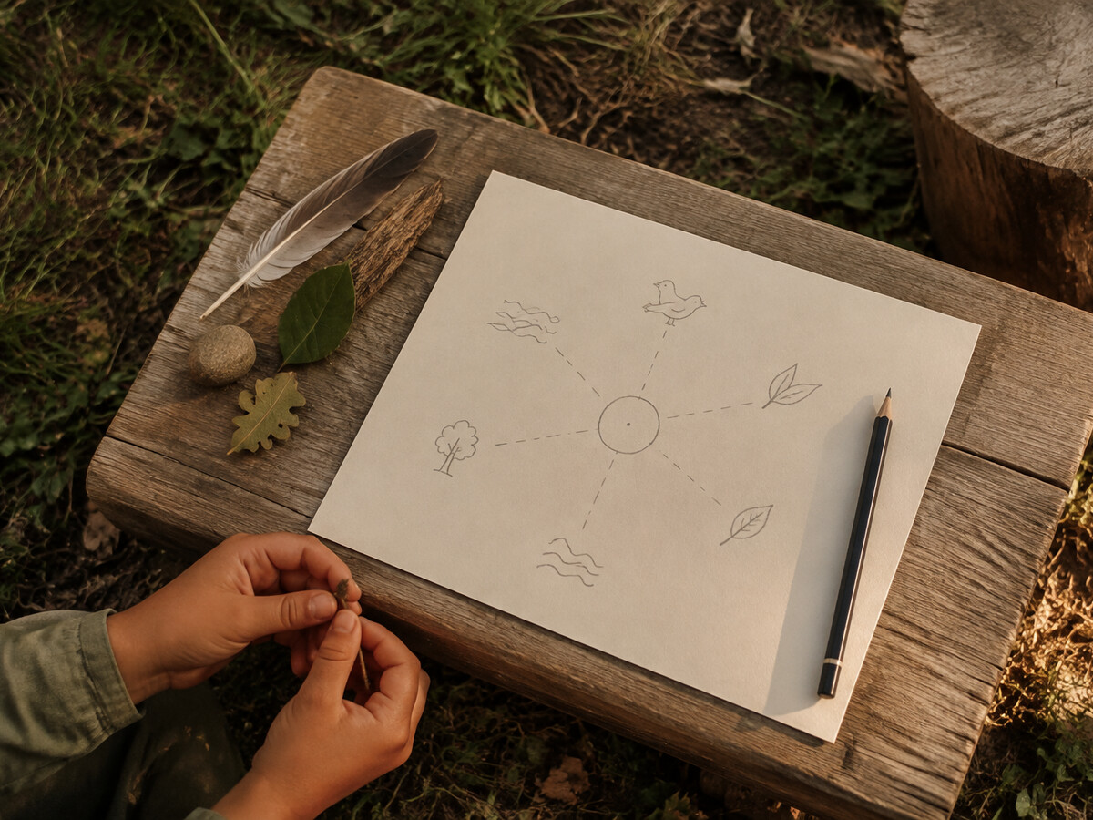 Listening map drawn outdoors with sounds marked in different directions
