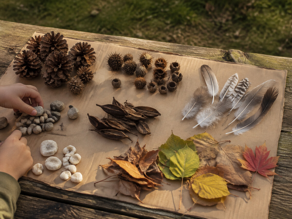 Nature museum display of small objects arranged on a tray