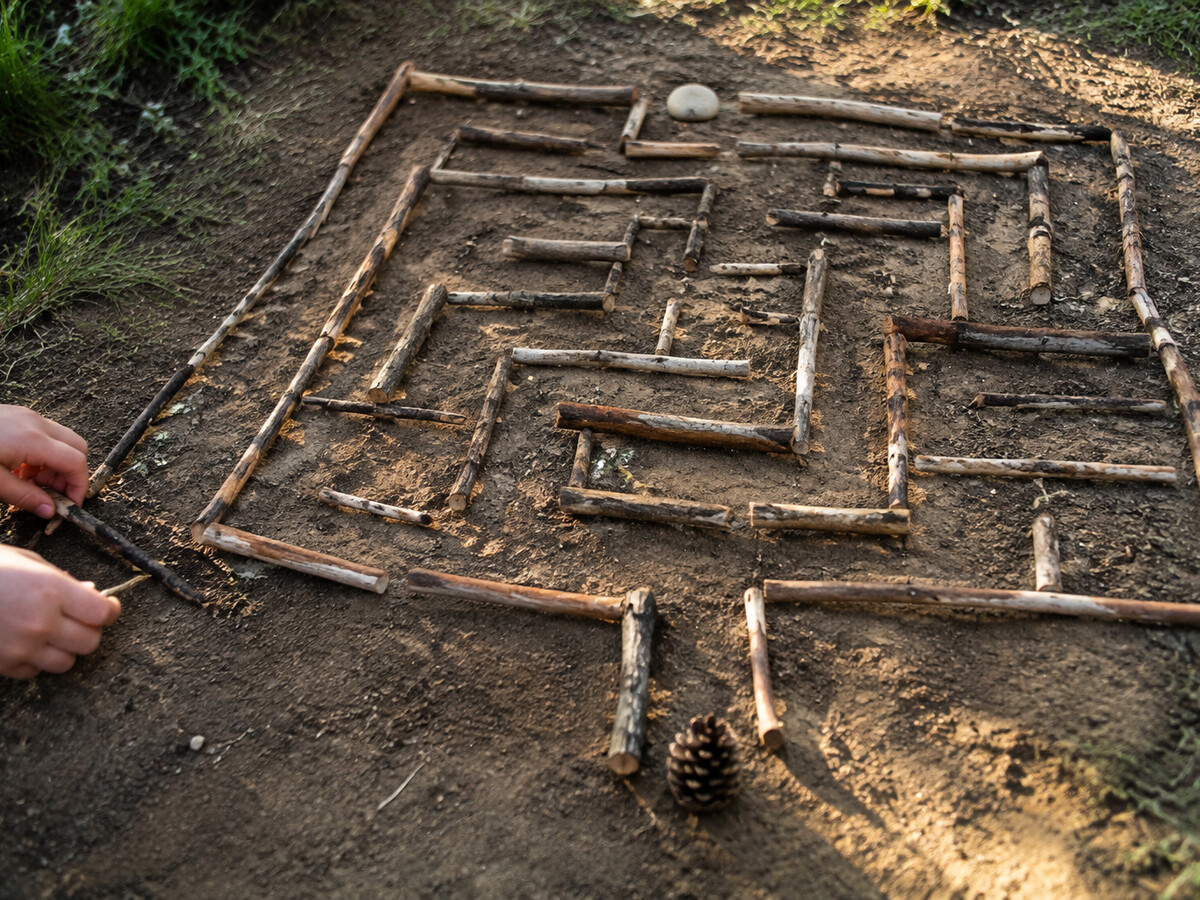 Stick maze with paths and a small stone