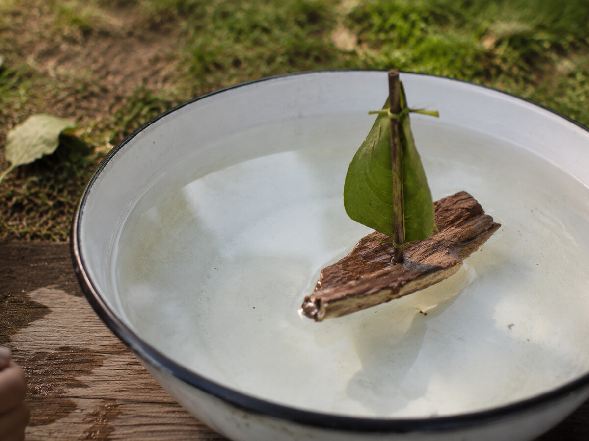 Mini nature boat made from bark, a leaf, and a small stick