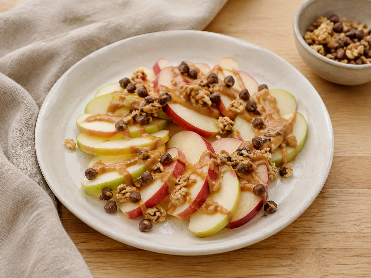 Apple nachos with granola and chocolate chips
