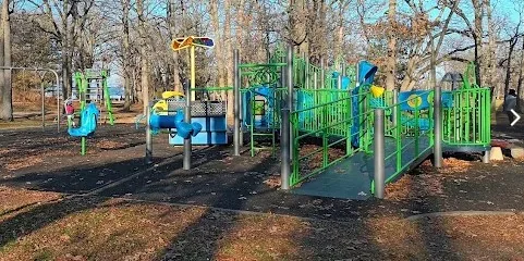 The inclusive playground at Canatara Park in Sarnia, with blue and green climbing structures, ramps and swings under bare trees