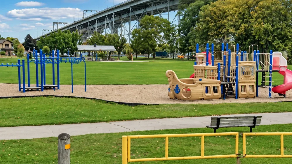 Waterfront Park playground beneath the Blue Water Bridge in Point Edward