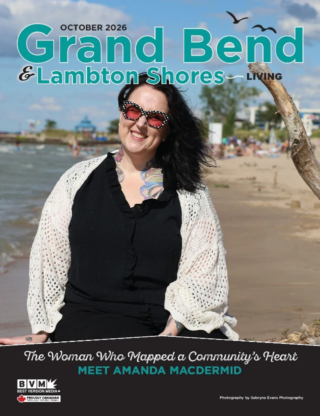 October 2026 cover of Grand Bend & Lambton Shores Living featuring Amanda MacDermid on Grand Bend beach.