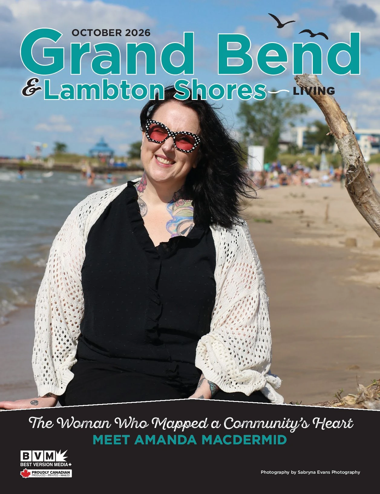 October 2026 cover of Grand Bend & Lambton Shores Living featuring Amanda MacDermid on Grand Bend beach.