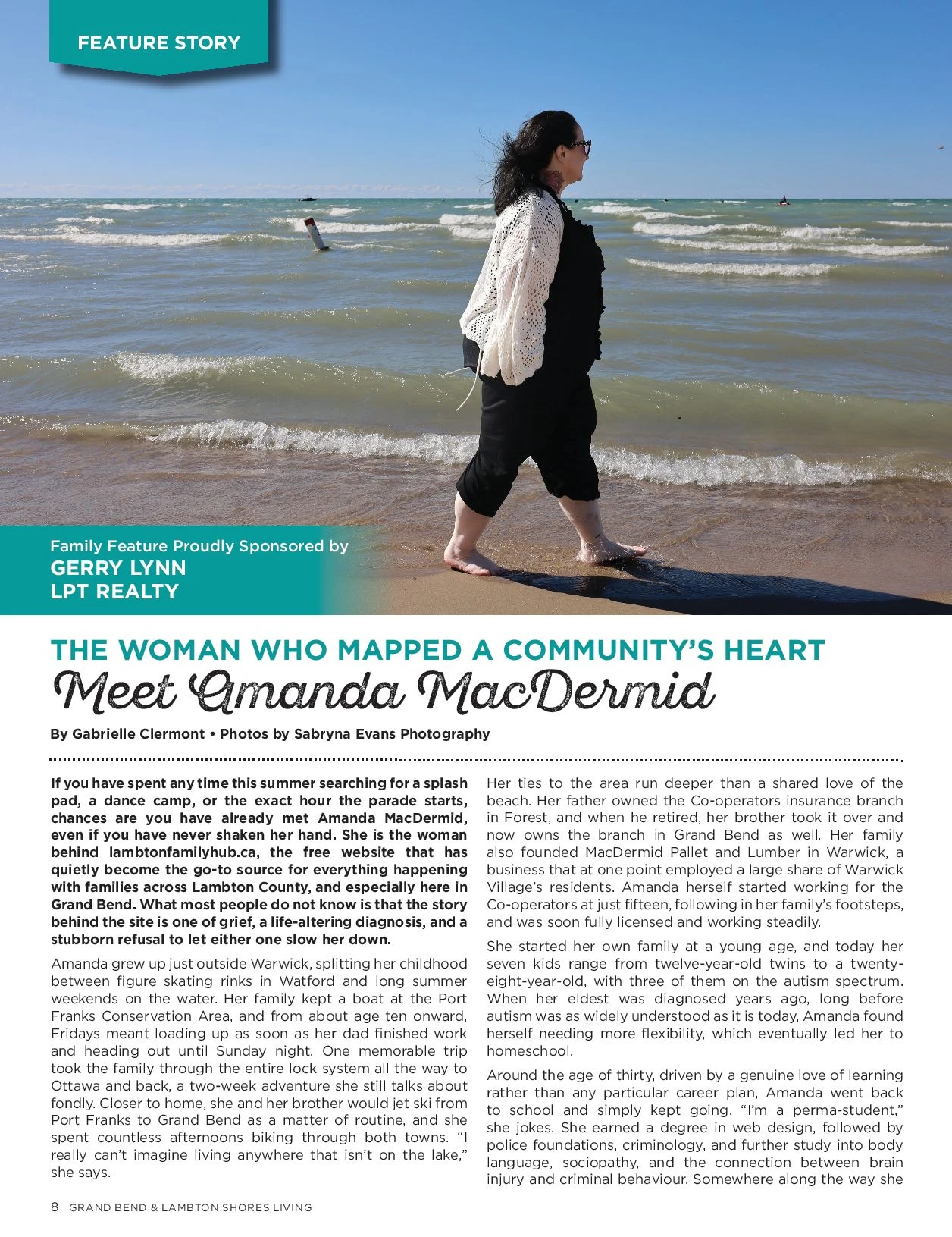 Page 8 of the October 2026 Grand Bend & Lambton Shores Living feature about Amanda MacDermid and Lambton Family Hub.