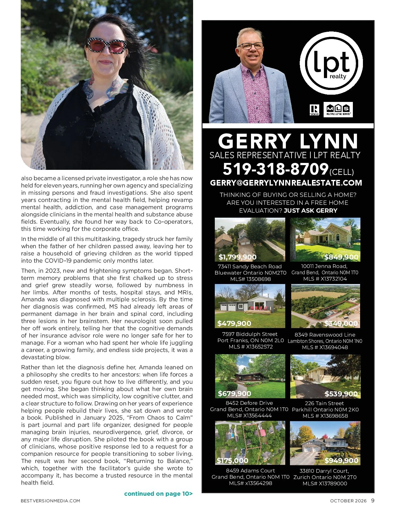Page 9 of the October 2026 Grand Bend & Lambton Shores Living feature about Amanda MacDermid and Lambton Family Hub.