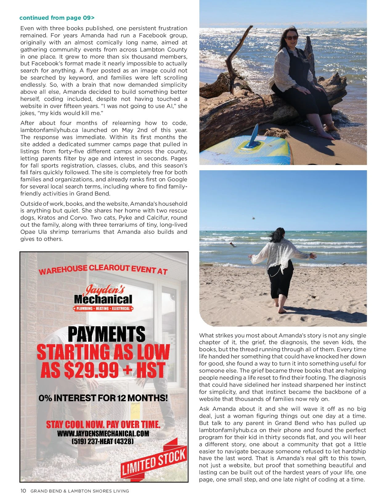 Page 10 of the October 2026 Grand Bend & Lambton Shores Living feature about Amanda MacDermid and Lambton Family Hub.