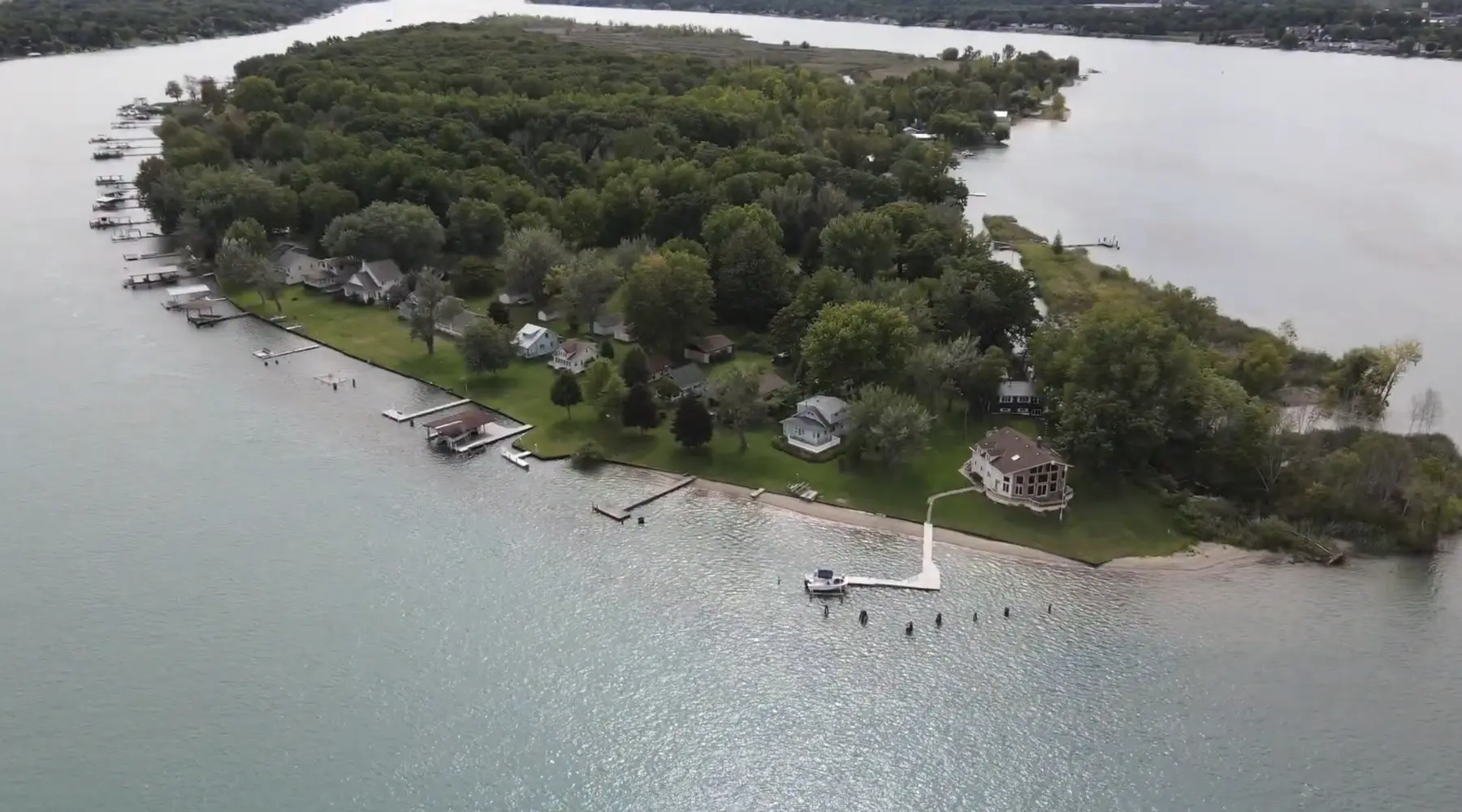 Wide aerial view of Stag Island surrounded by the St. Clair River